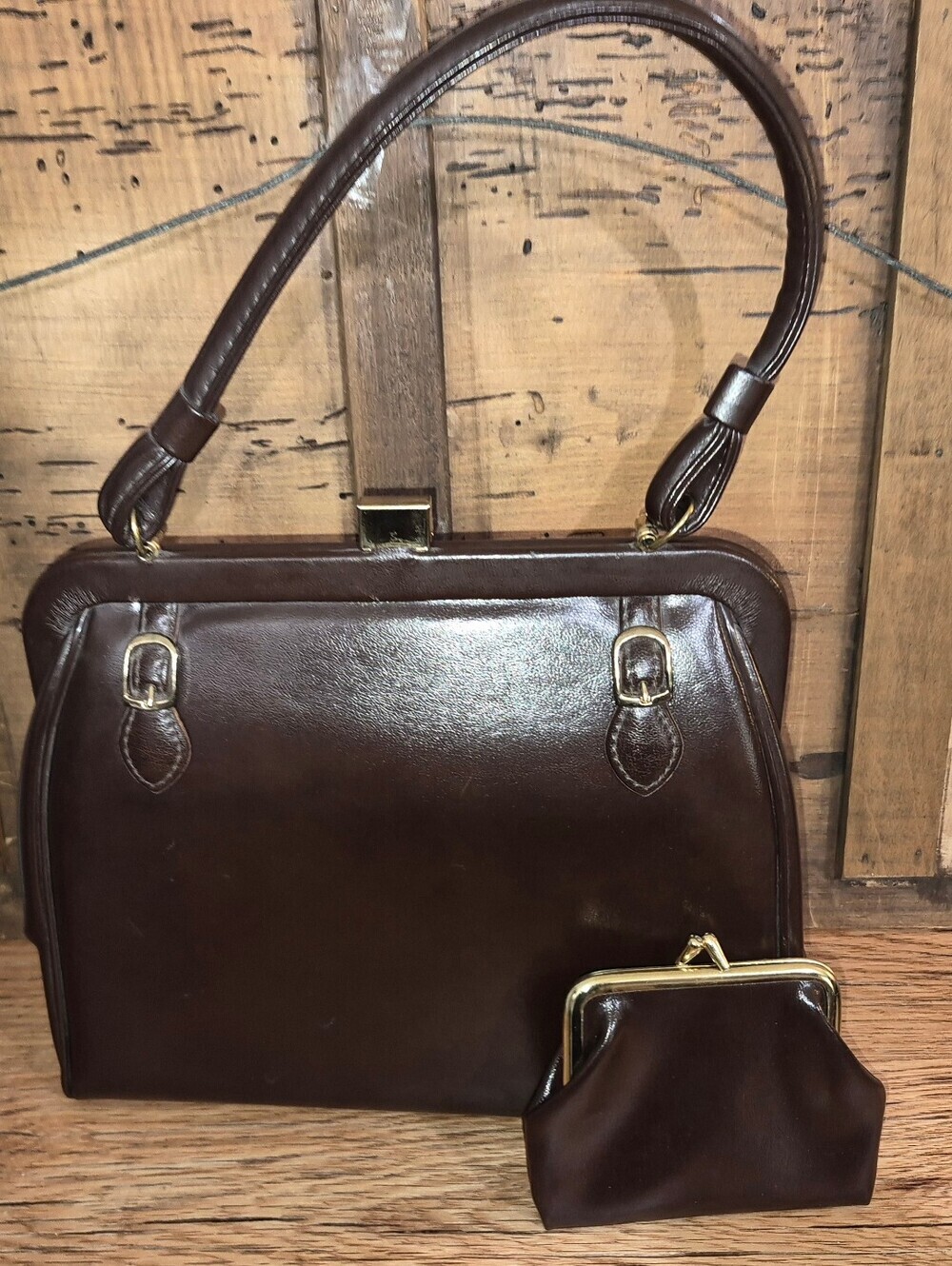 Vintage Dark Brown Handbag with Gold Tone Hardware & Coin Purse